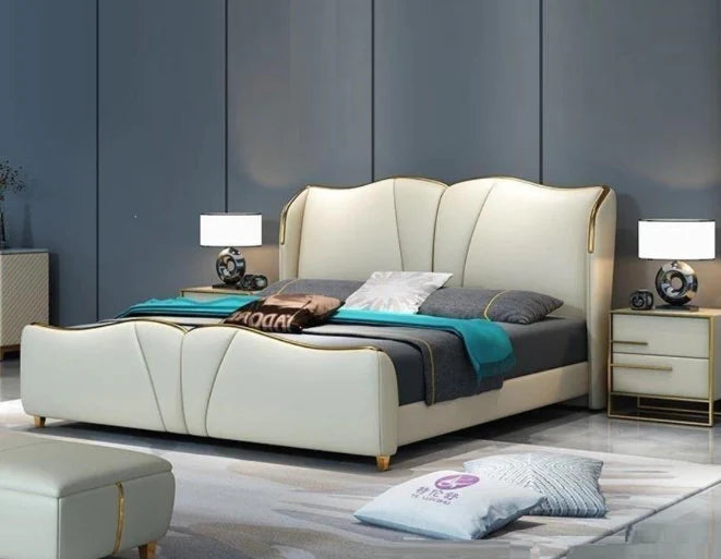 Luxury King Size Upholstered Bed with Geometric Partitioned Headboard, and Wingback Accents – Available with Hydraulic Storage Base
