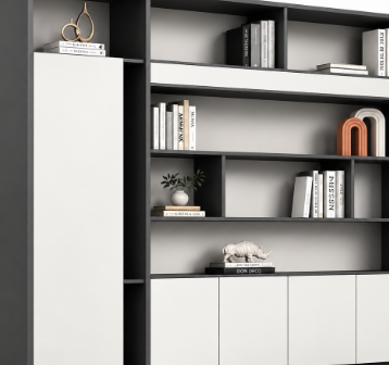 Contemporary Office Storage Cabinet with Open Display Shelves, Tall Side Storage, Concealed Base Cabinets and Clean Modern Appeal