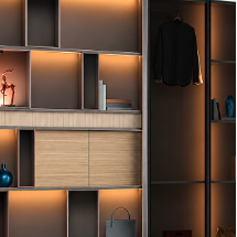 Contemporary Office Back Unit Cabinet with Illuminated Display Niches, Concealed Storage and Tall Glass-Front Wardrobe for Workspaces