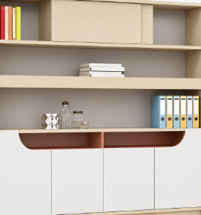 Modern Low-Height Office Display Cabinet with Open Shelves, Concealed Storage and Recessed Accent Niche for Contemporary Workspaces