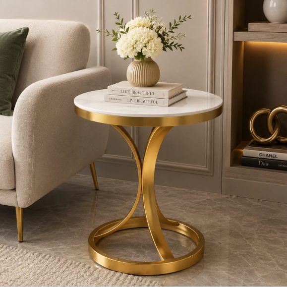Premium Round Side Table with Tile Top, Sculptural Gold-Tone Metal Base and Powder-Coated Finish for Living Room, Lounge & Bedroom