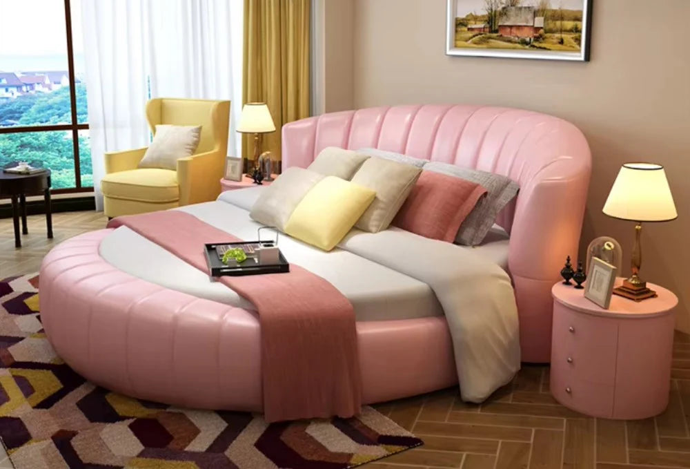 Luxury Round Platform Bed with Vertical Channel-Tufted Headboard and Matching Curved Nightstands (Pink Leather)