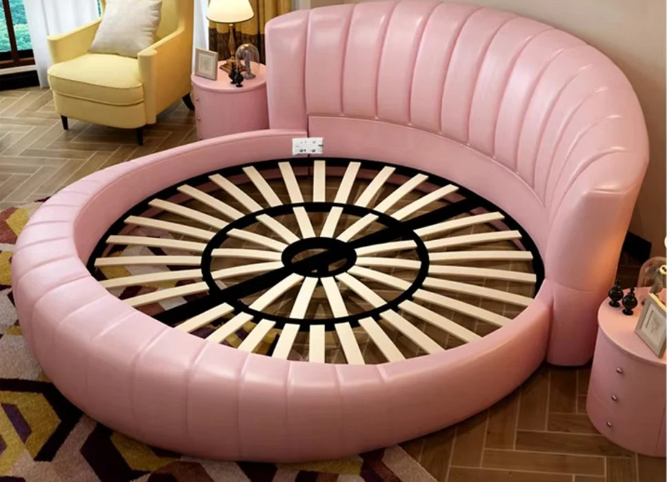 Luxury Round Platform Bed with Vertical Channel-Tufted Headboard and Matching Curved Nightstands (Pink Leather)