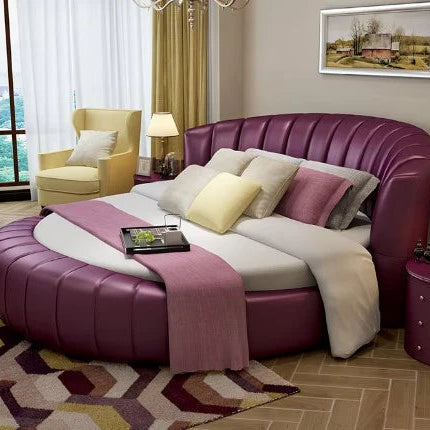 Luxury Round Platform Bed with Vertical Channel-Tufted Headboard and Matching Curved Nightstands (Pink Leather)