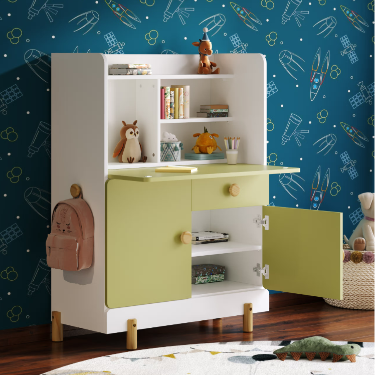 Kids Study Desk in White & Sage Green with Cabinet & Drawer for Kids Bedroom, Nursery & Study Area