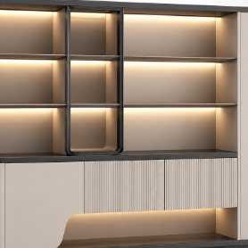 Modern Office Storage and Display Cabinet with Illuminated Open Shelves, Tall Concealed Unit and Sculpted Lower Panels