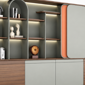 Designer Office Back Unit with Illuminated Display Niches, Arched Shelving and Layered Concealed Cabinet Storage