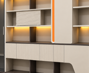 Contemporary Office Back Unit with Ambient Display Shelves, Floating Feature Panels and Concealed Utility Storage