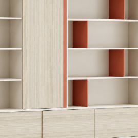 Contemporary Office Display Cabinet with Sliding Shutter, Open Shelves, Accent Dividers and Concealed Base Storage for Workspaces