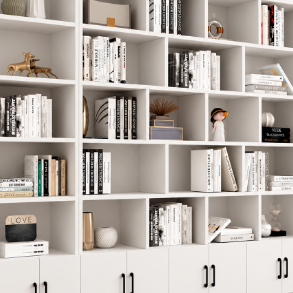 Contemporary Floor-to-Ceiling Bookcase with Asymmetrical Open Shelves and Concealed Base Cabinets for Office, Study and Living Spaces