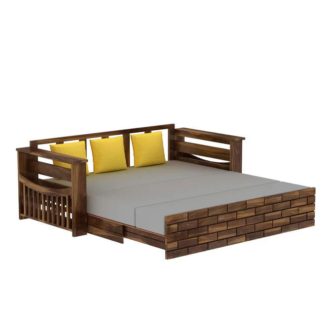 Solid Sheesham Wood 3 Seater Sofa Cum Bed With Mini Storage and Side Pockets -