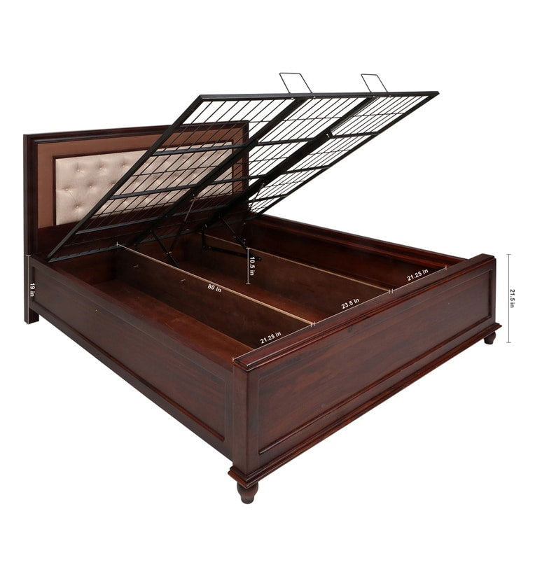 Solid Wood King Size Bed in Honey Finish with Hydraulic Storage -