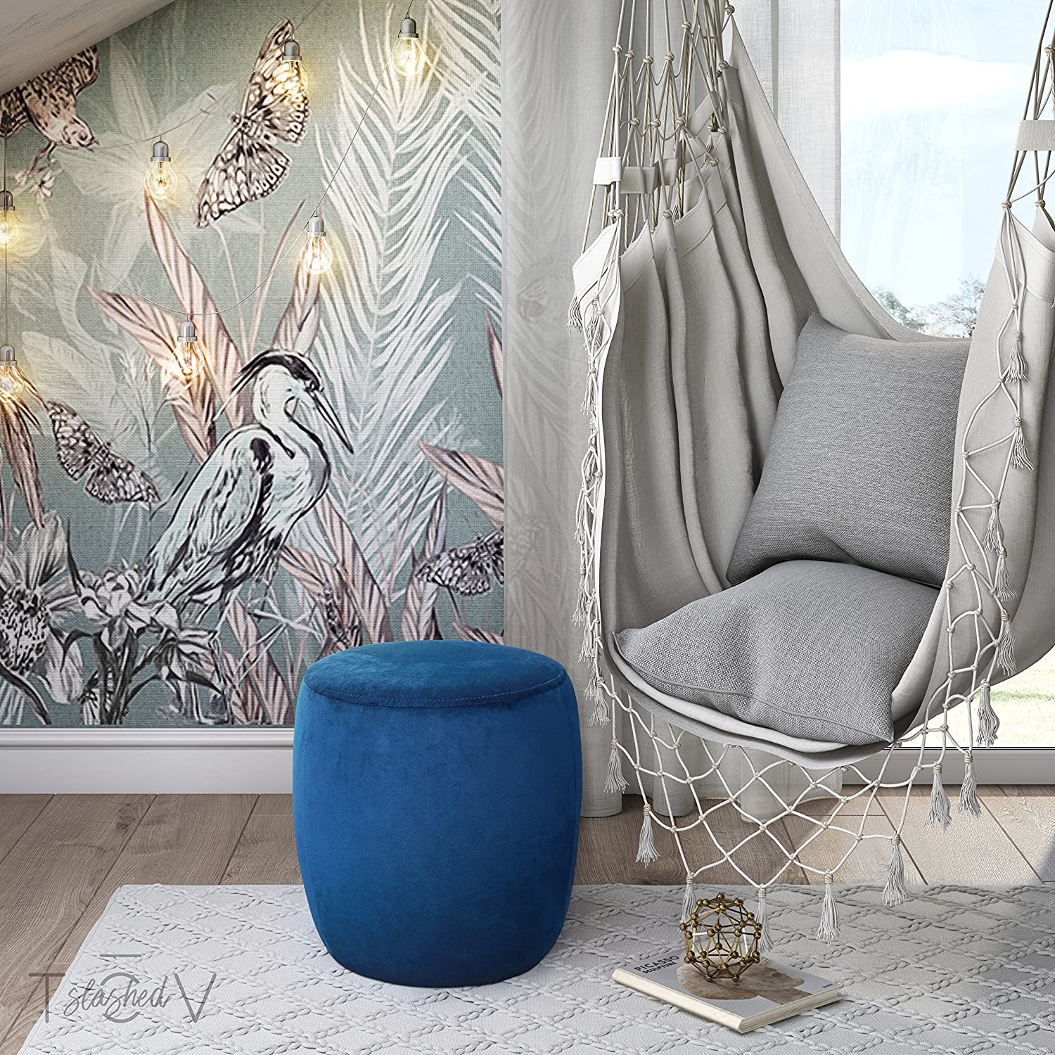 Solid Wooden Frame Fabric Velvet Pouffe -
