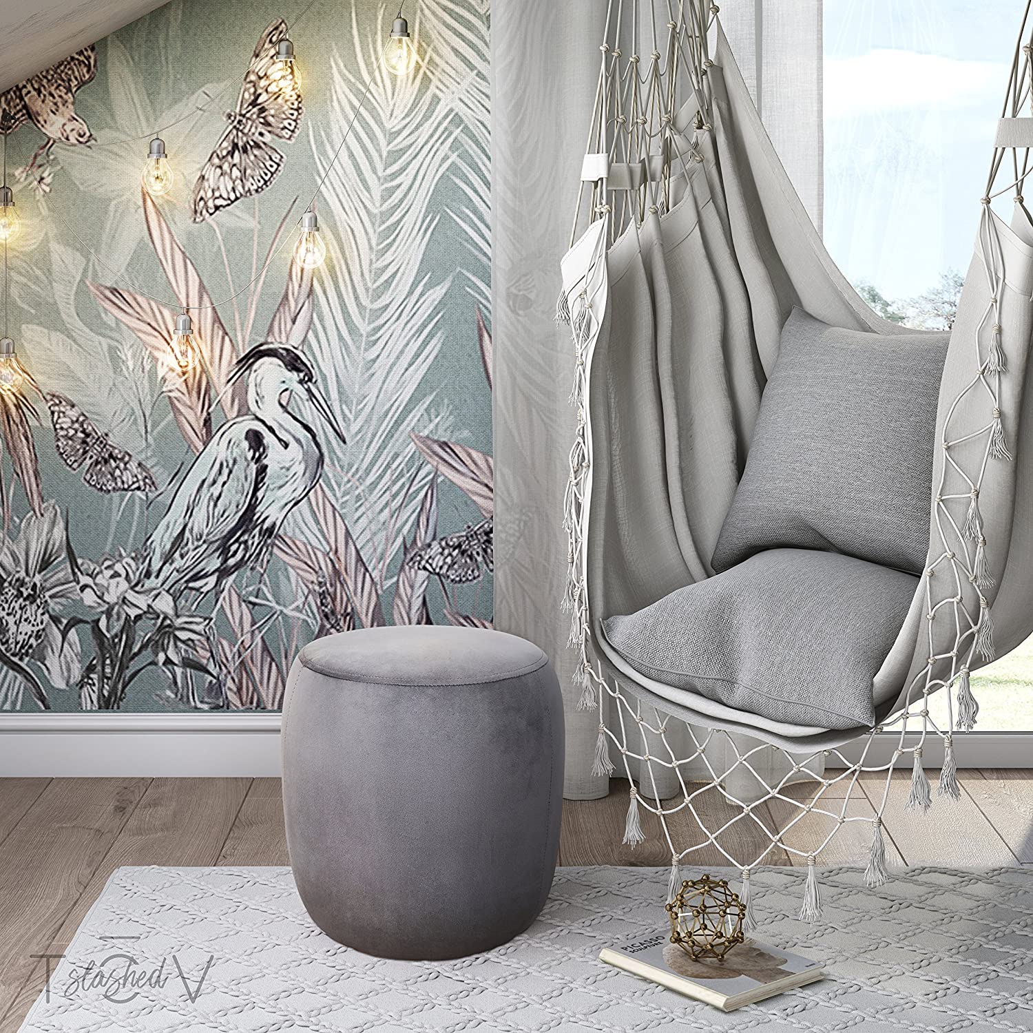 Solid Wooden Frame Fabric Velvet Pouffe -