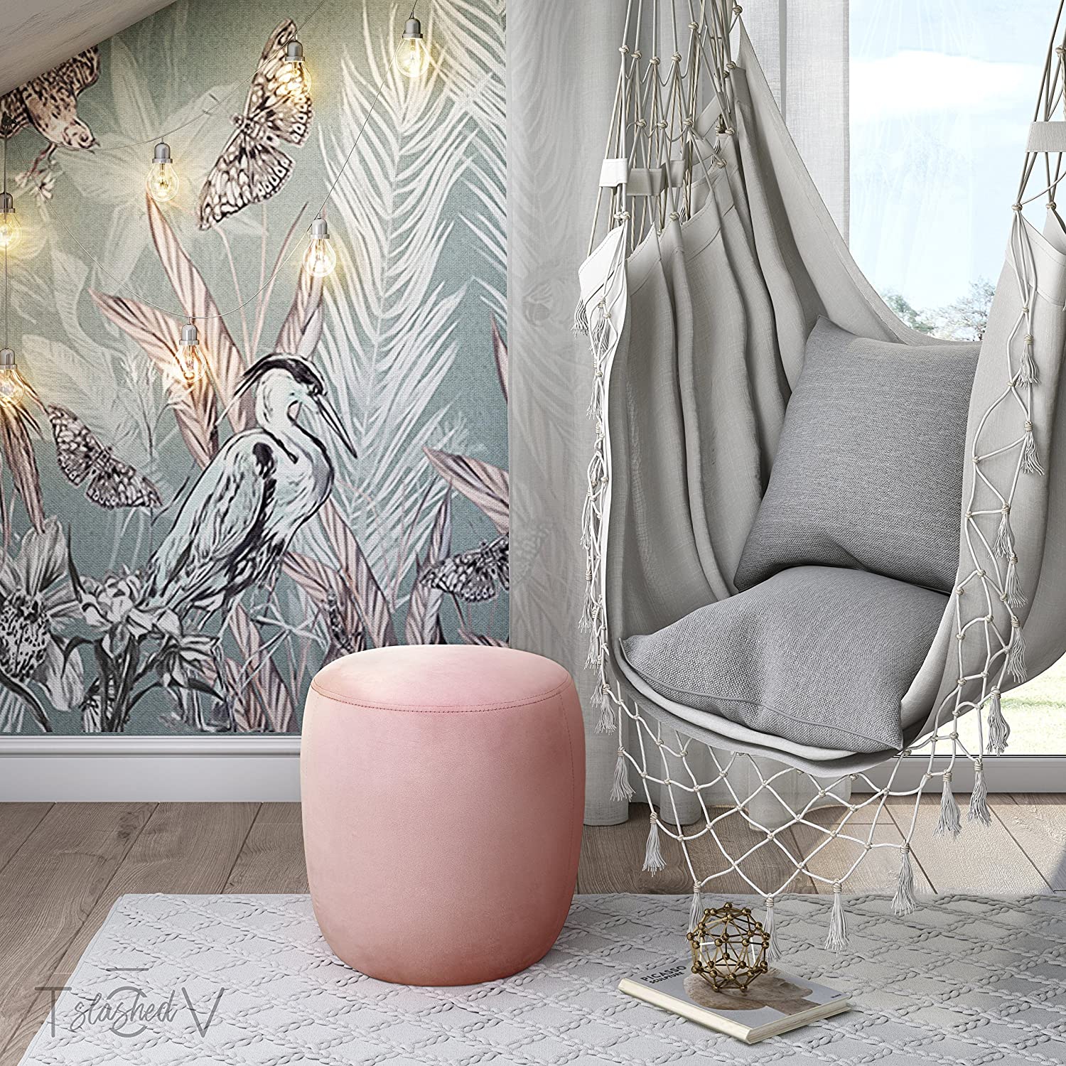 Solid Wooden Frame Fabric Velvet Pouffe -