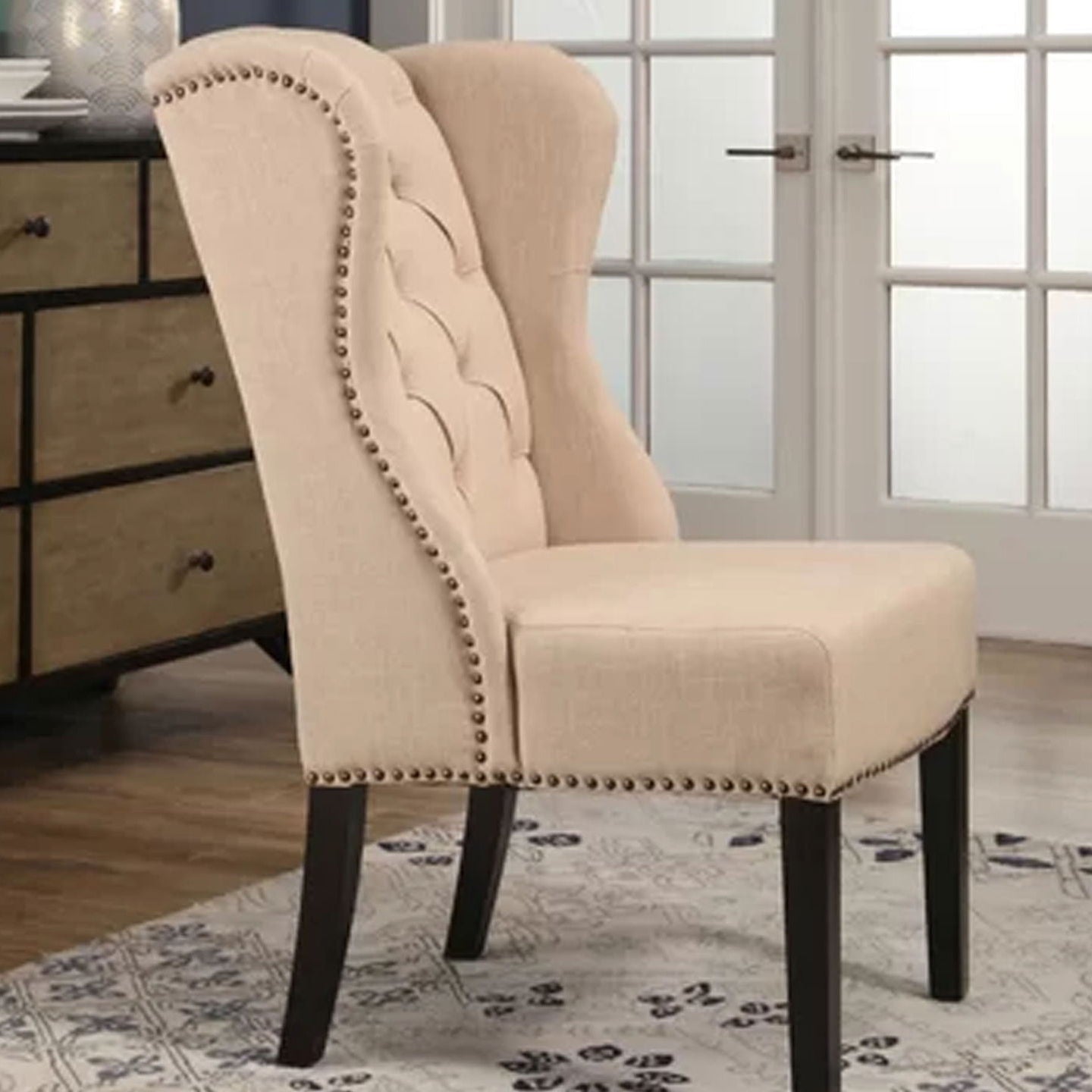 Solid Wooden Frame Legs Base Fabric Dining Chair -