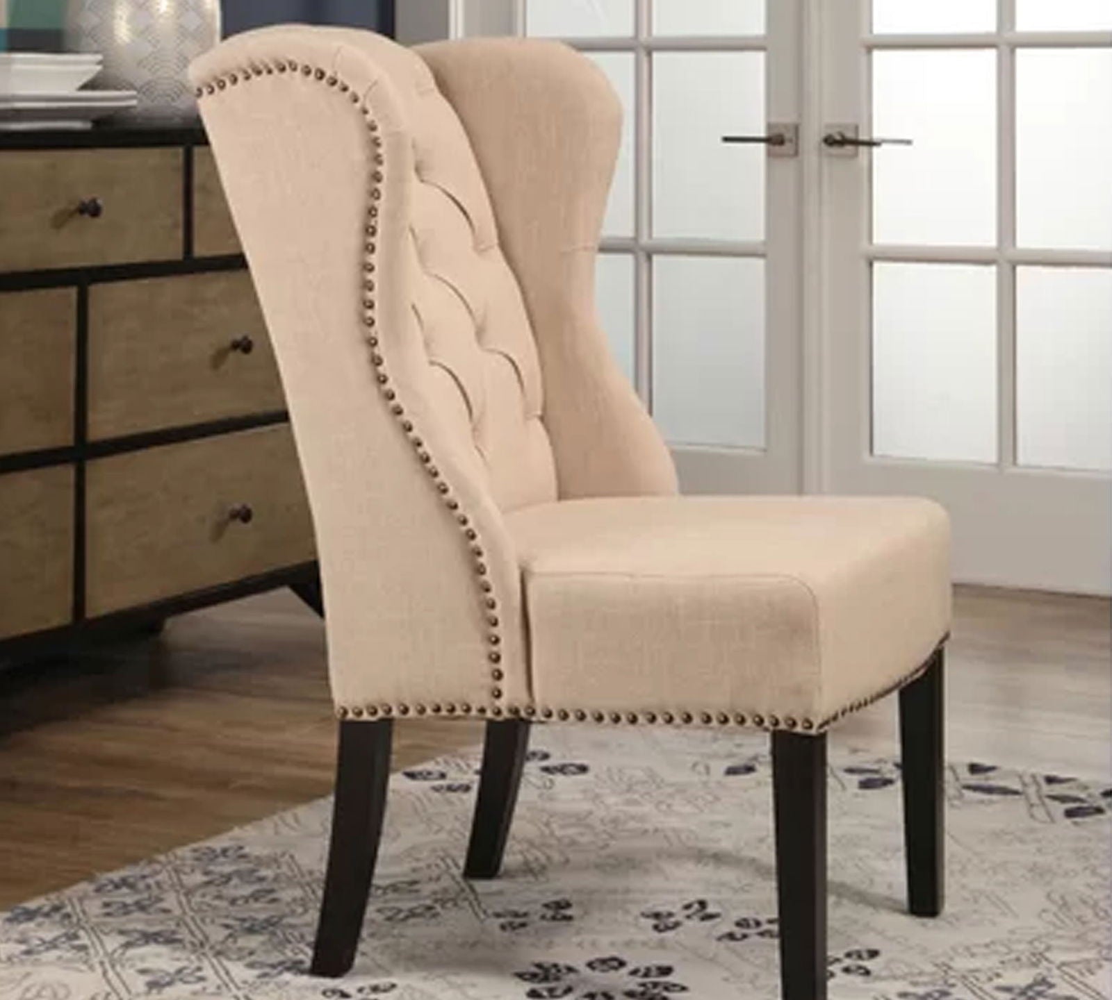Solid Wooden Frame Legs Base Fabric Dining Chair -