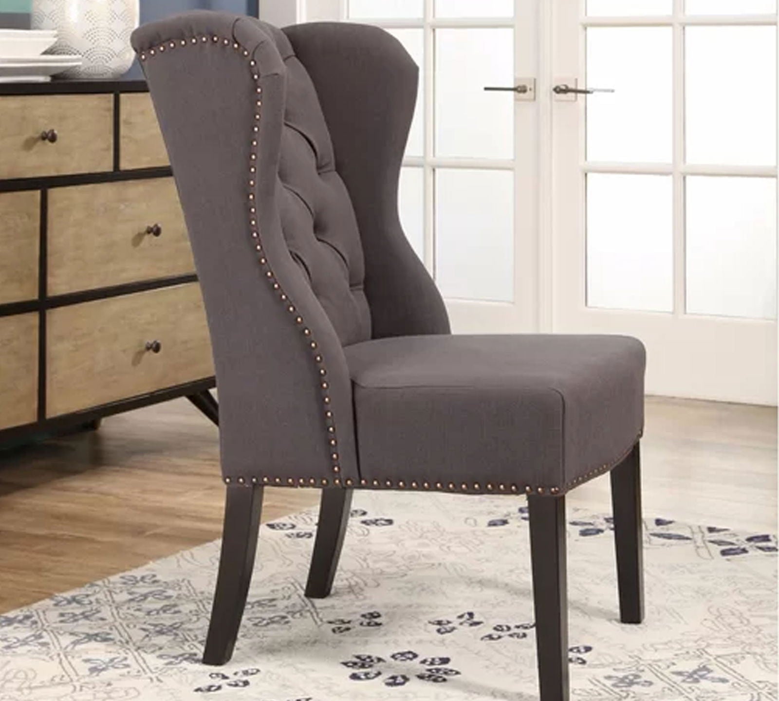 Solid Wooden Frame Legs Base Fabric Dining Chair -