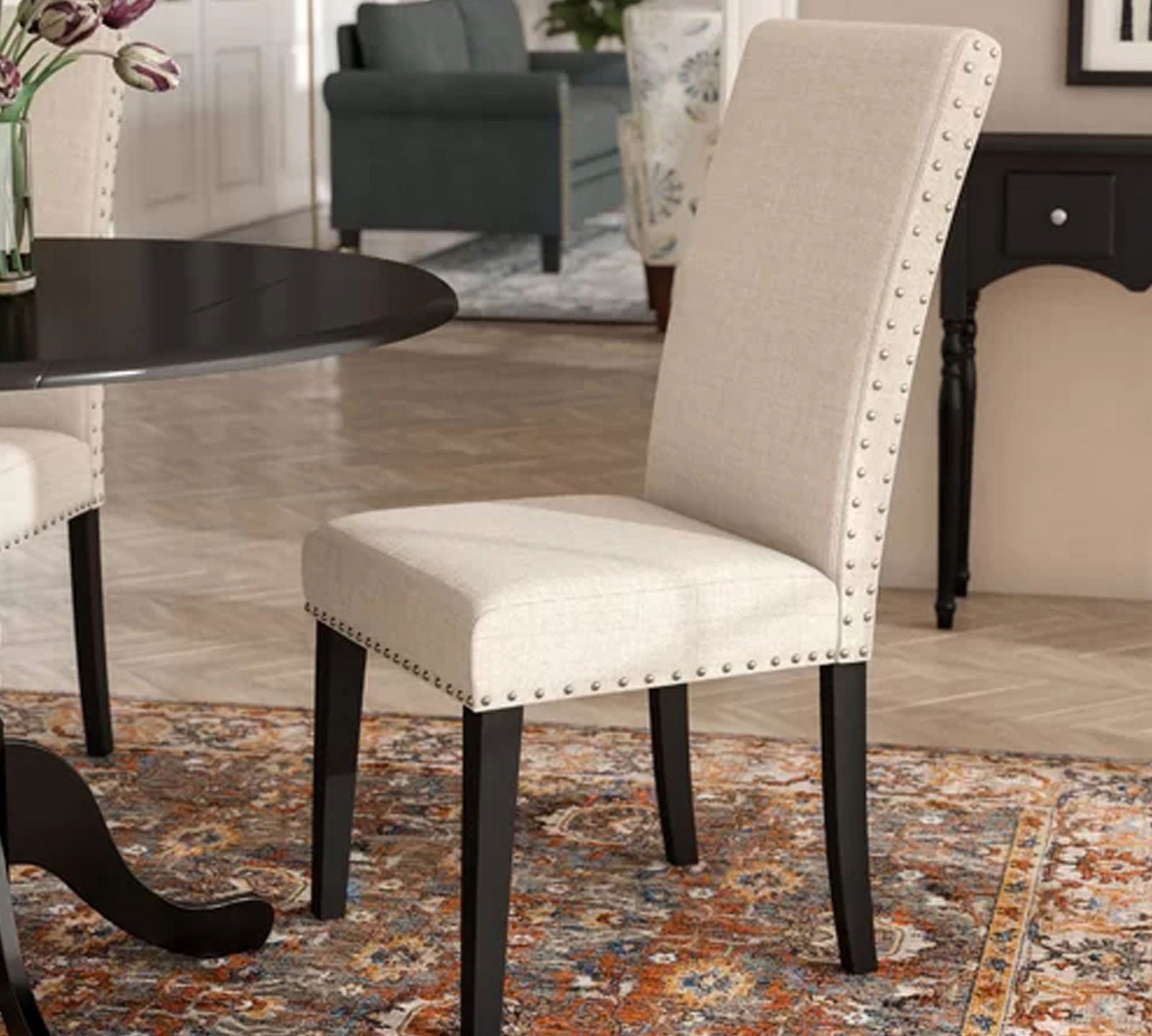 Solid Wooden Frame Legs Base Fabric Dining Chair -