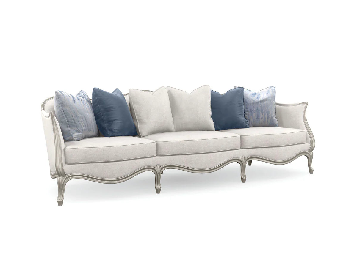Three Seater Fabric Sofa  Soft curves invite the eye, while cabriole legs and ribbon-like wood trim add impact in a metallic finish -