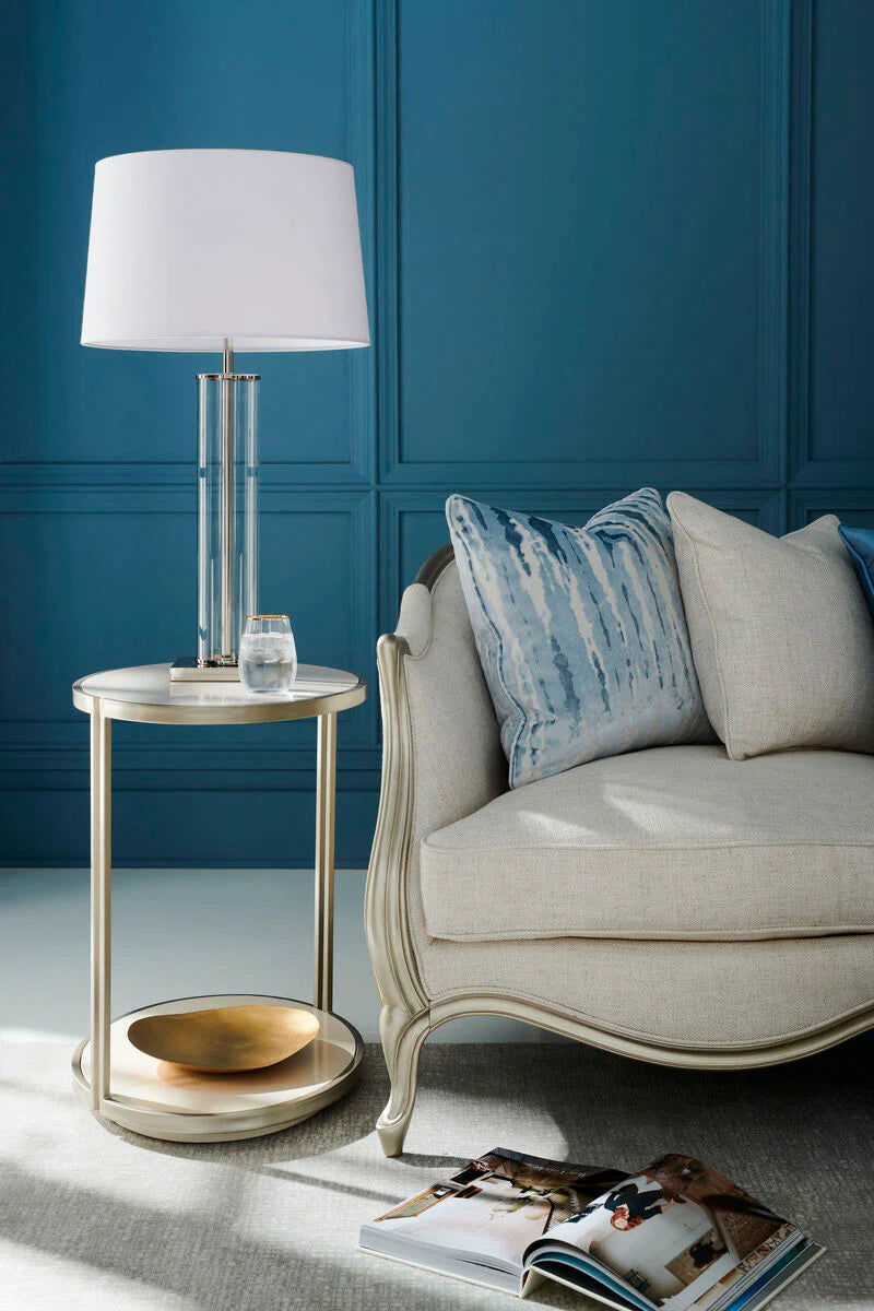 Three Seater Fabric Sofa  Soft curves invite the eye, while cabriole legs and ribbon-like wood trim add impact in a metallic finish -