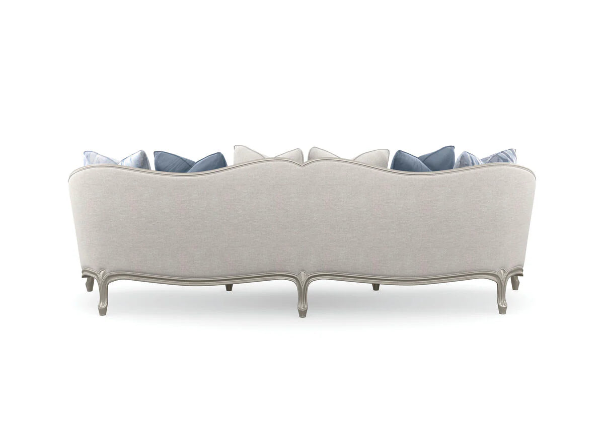 Three Seater Fabric Sofa  Soft curves invite the eye, while cabriole legs and ribbon-like wood trim add impact in a metallic finish -