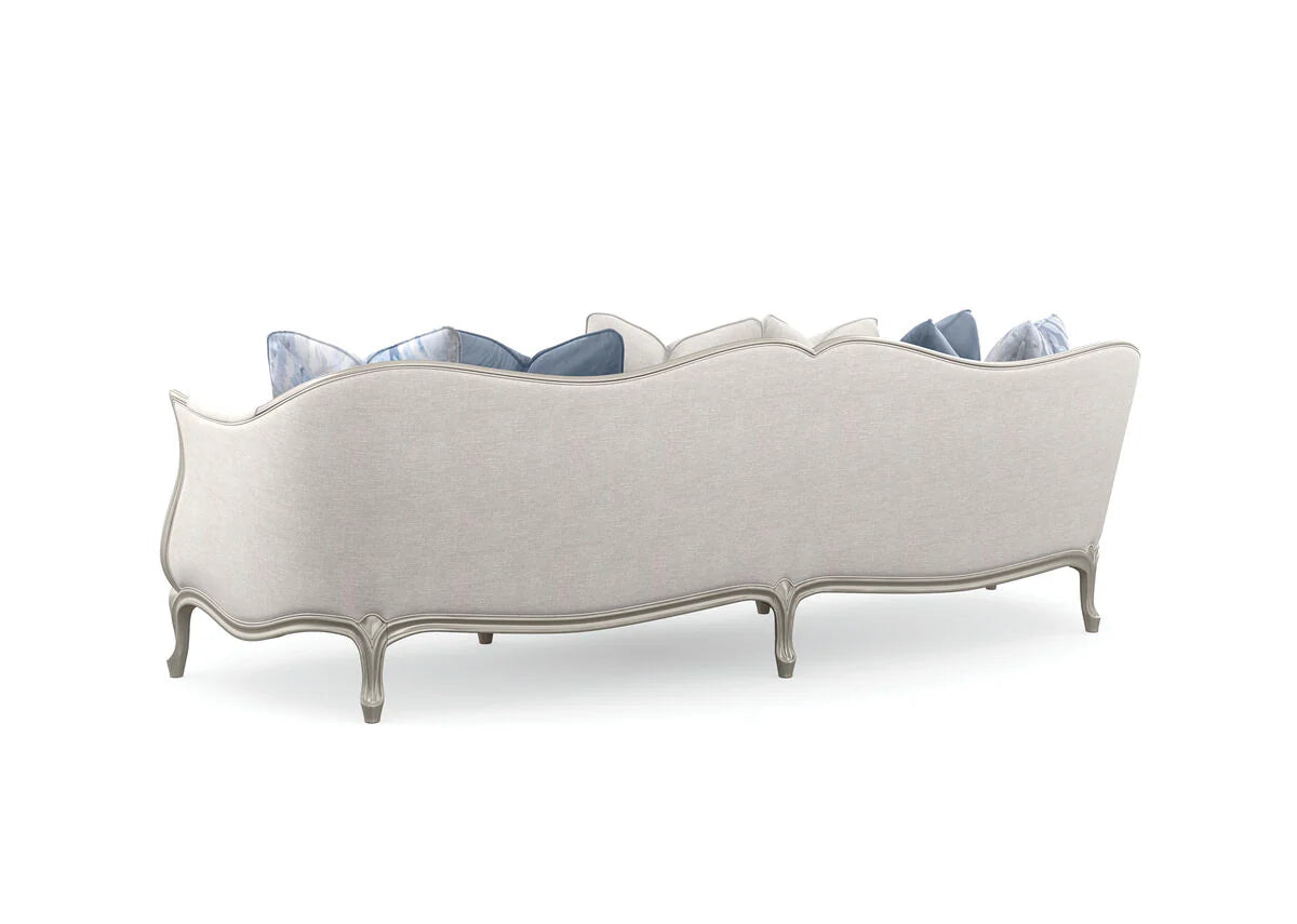 Three Seater Fabric Sofa  Soft curves invite the eye, while cabriole legs and ribbon-like wood trim add impact in a metallic finish -