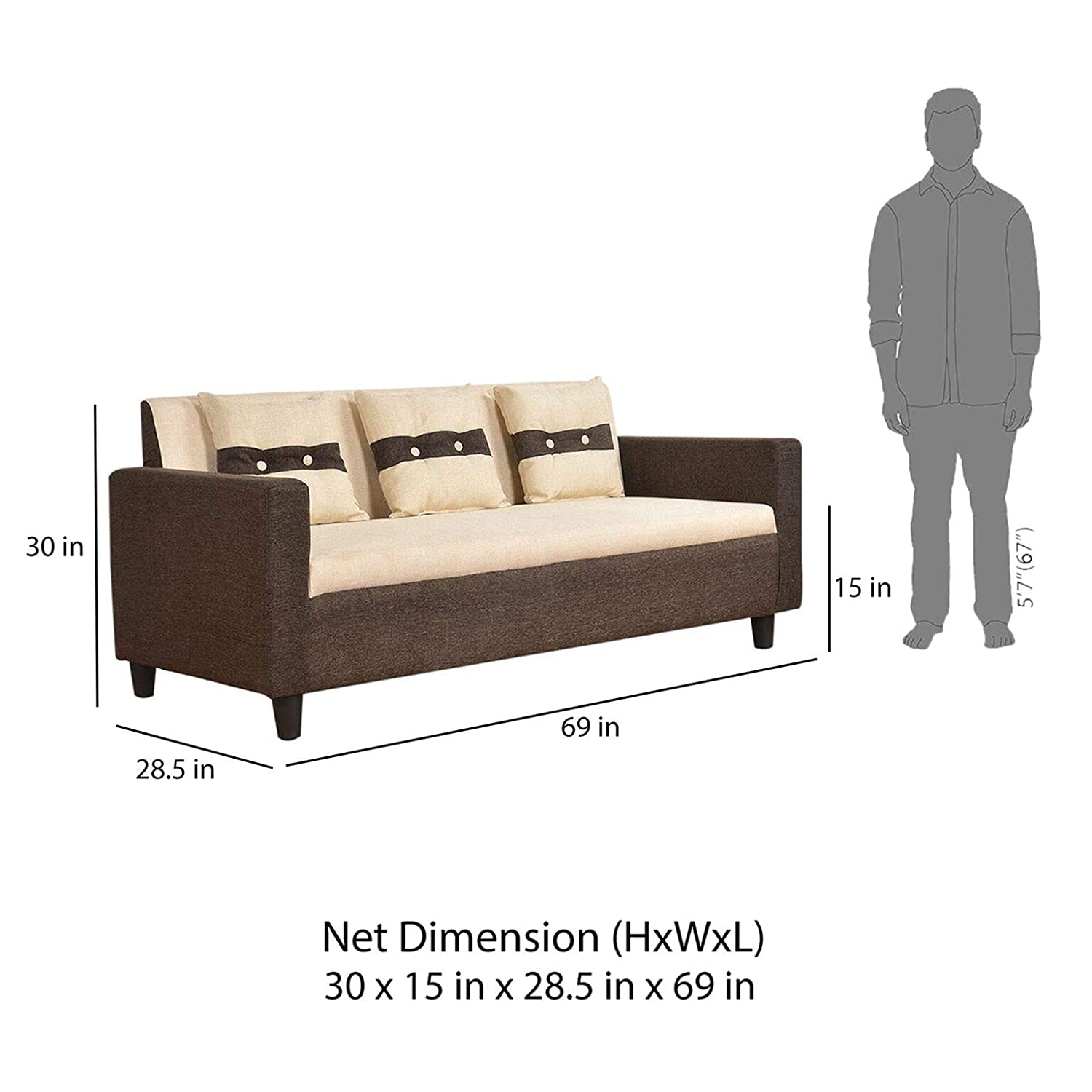 Three Seater Fabric Sofa With Solid Wooden Frame -