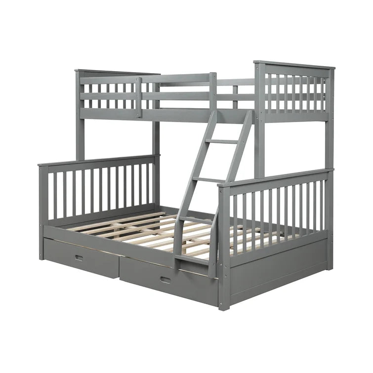 Twin Over Full Bunk Bed with 2 Storage Drawers and Ladders for Bedroom Dorm, solid Wood Bed Frame with Guard Rails -