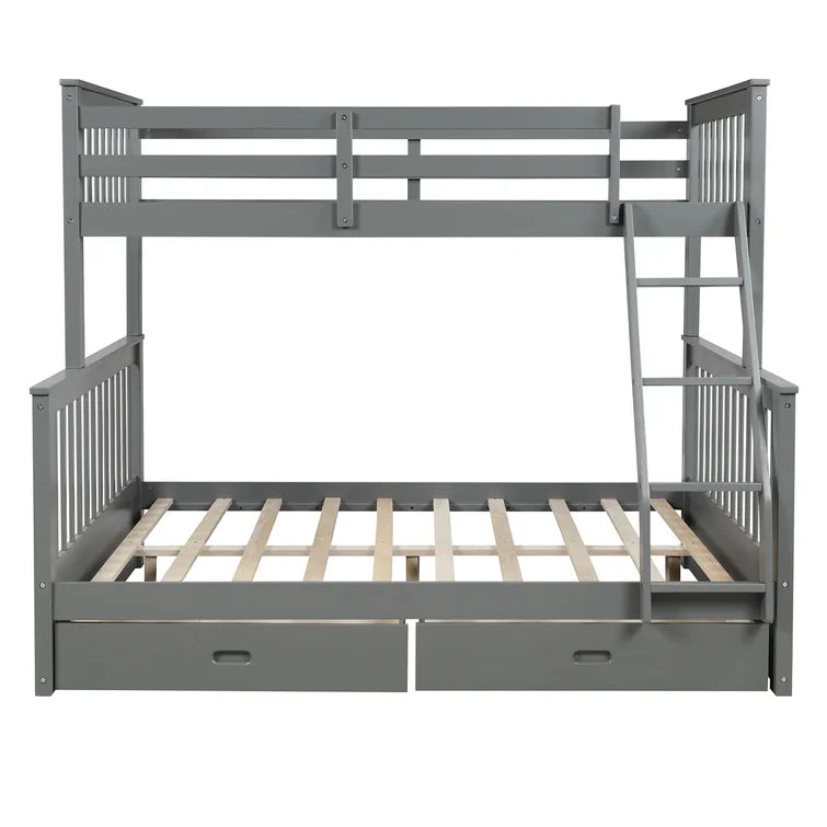 Twin Over Full Bunk Bed with 2 Storage Drawers and Ladders for Bedroom Dorm, solid Wood Bed Frame with Guard Rails -