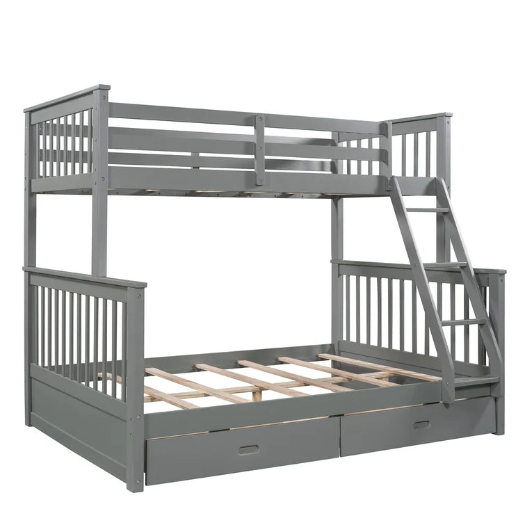 Twin Over Full Bunk Bed with 2 Storage Drawers and Ladders for Bedroom Dorm, solid Wood Bed Frame with Guard Rails -