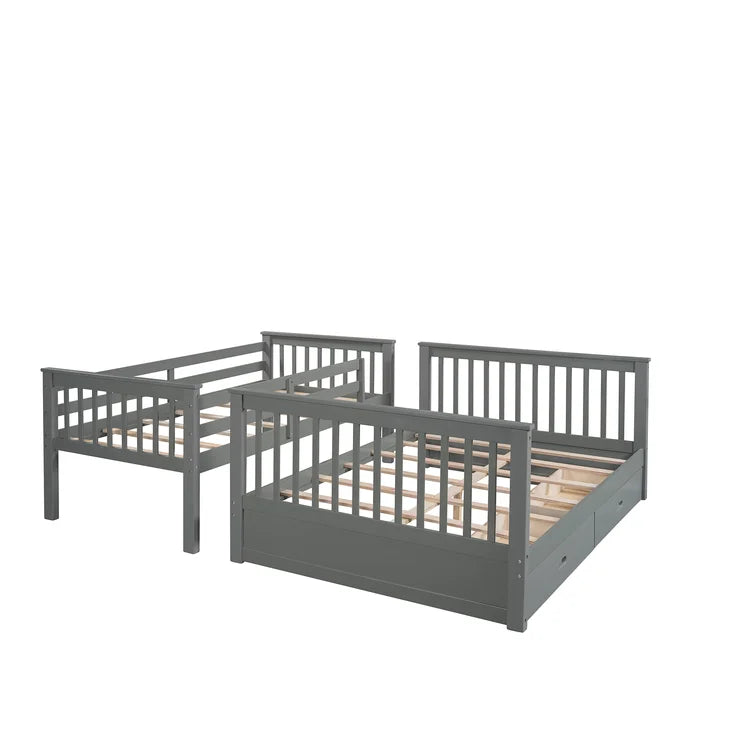 Twin Over Full Bunk Bed with 2 Storage Drawers and Ladders for Bedroom Dorm, solid Wood Bed Frame with Guard Rails -