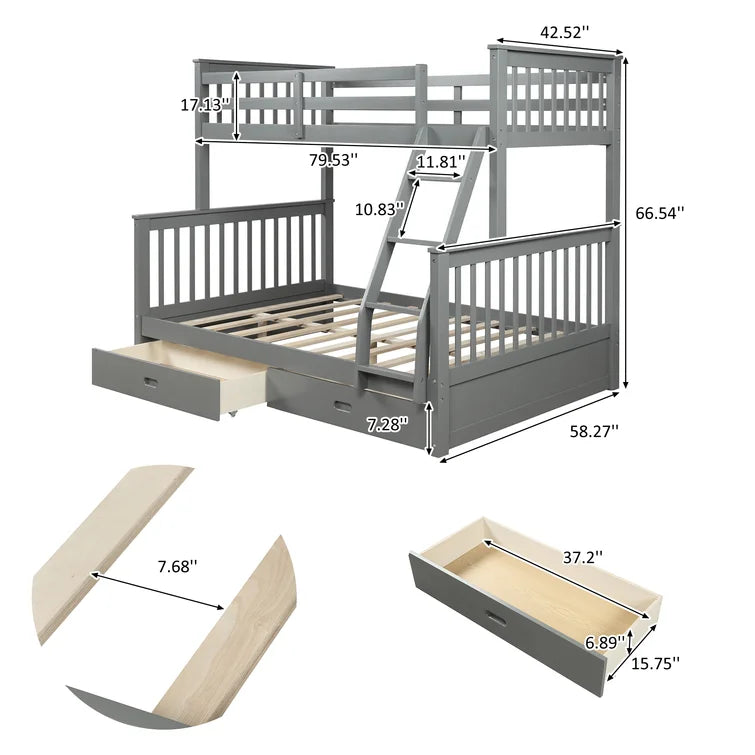 Twin Over Full Bunk Bed with 2 Storage Drawers and Ladders for Bedroom Dorm, solid Wood Bed Frame with Guard Rails -