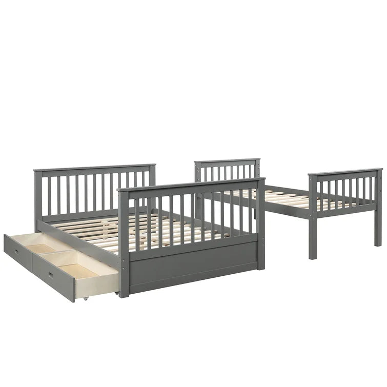 Twin Over Full Bunk Bed with 2 Storage Drawers and Ladders for Bedroom Dorm, solid Wood Bed Frame with Guard Rails -