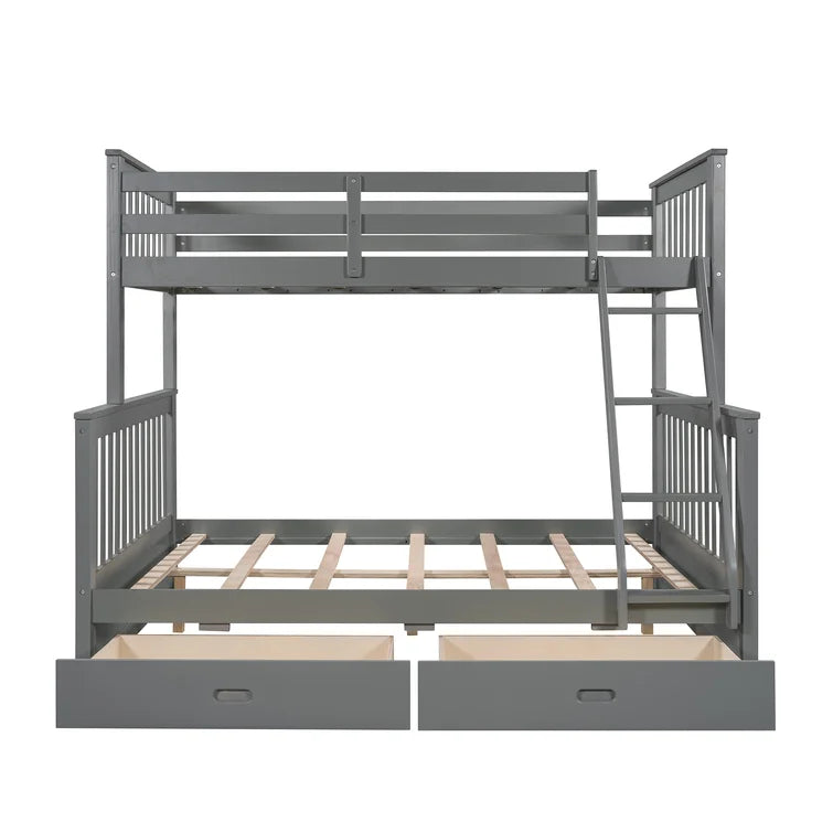 Twin Over Full Bunk Bed with 2 Storage Drawers and Ladders for Bedroom Dorm, solid Wood Bed Frame with Guard Rails -
