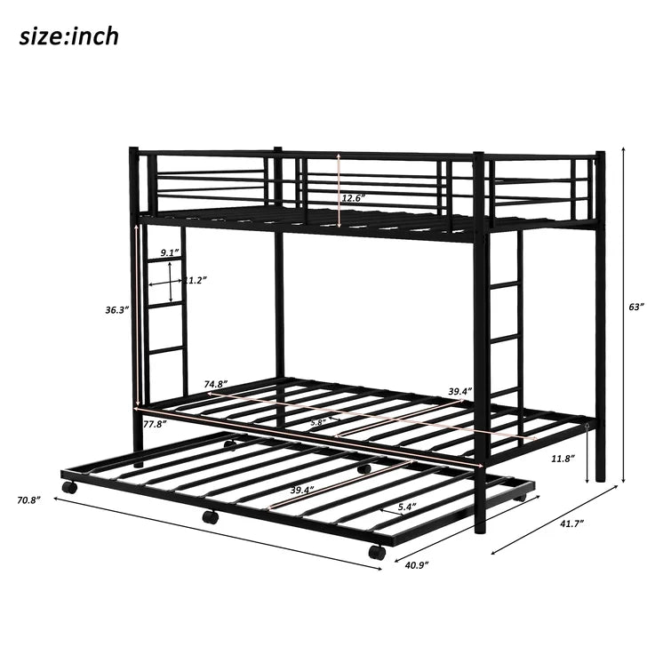 Twin Over Twin Metal Bunk Bed With Trundle Heavy Duty Twin Size Metal Bunk Beds Frame With 2 Side Ladders Convertible Bunkbed With Safety Guard Rails -