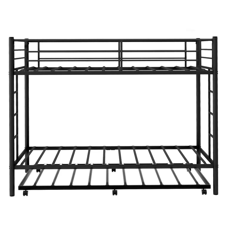 Twin Over Twin Metal Bunk Bed With Trundle Heavy Duty Twin Size Metal Bunk Beds Frame With 2 Side Ladders Convertible Bunkbed With Safety Guard Rails -