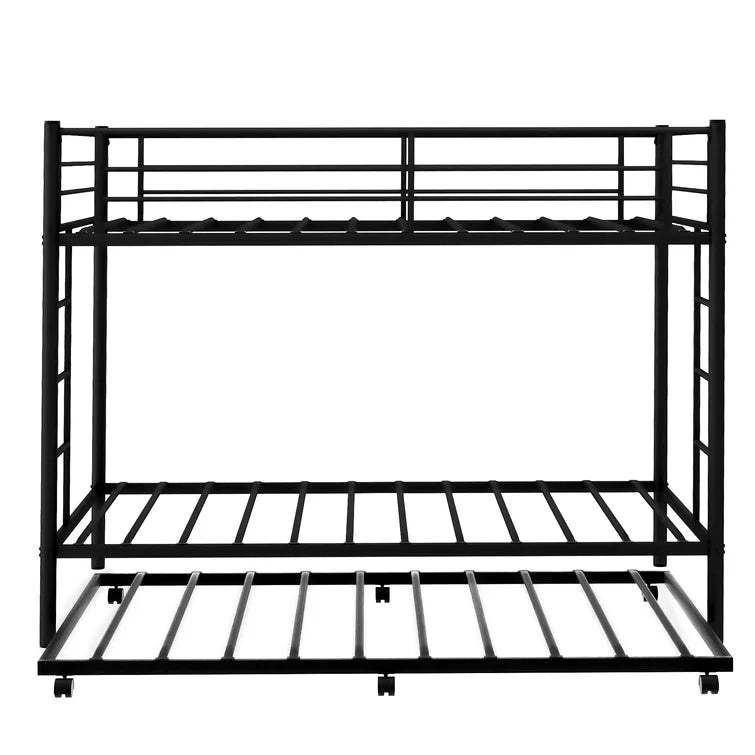 Twin Over Twin Metal Bunk Bed With Trundle Heavy Duty Twin Size Metal Bunk Beds Frame With 2 Side Ladders Convertible Bunkbed With Safety Guard Rails -