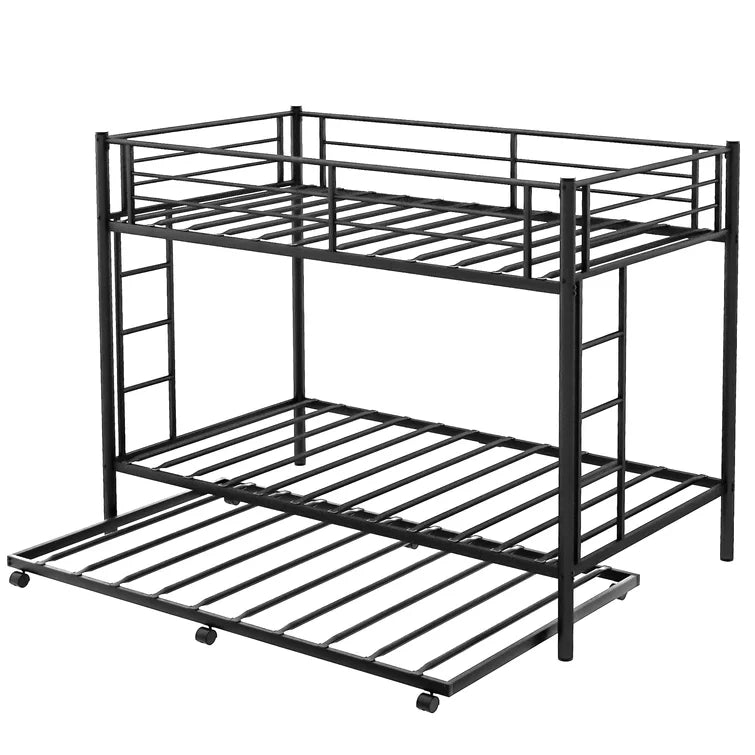 Twin Over Twin Metal Bunk Bed With Trundle Heavy Duty Twin Size Metal Bunk Beds Frame With 2 Side Ladders Convertible Bunkbed With Safety Guard Rails -