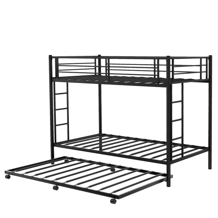 Twin Over Twin Metal Bunk Bed With Trundle Heavy Duty Twin Size Metal Bunk Beds Frame With 2 Side Ladders Convertible Bunkbed With Safety Guard Rails -