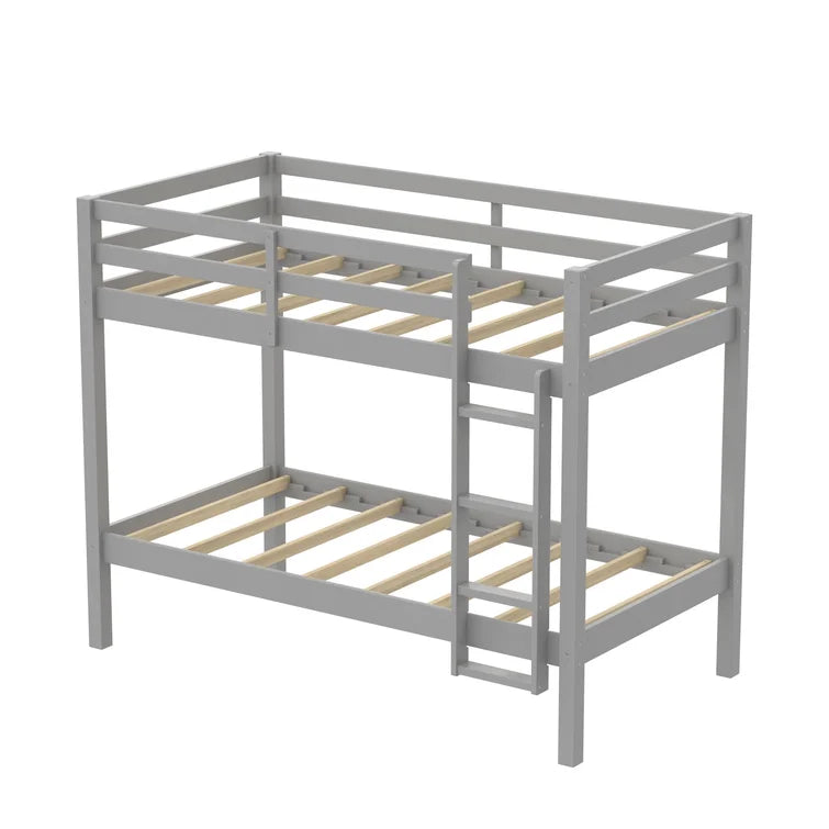 Twin Over Twin Modern Wooden Bunk Bed with Built-In Ladder and Guardrail -