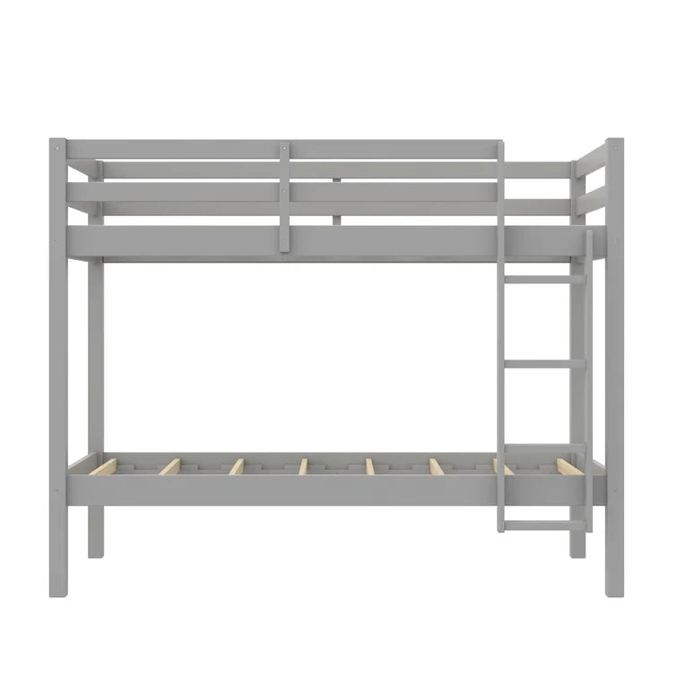 Twin Over Twin Modern Wooden Bunk Bed with Built-In Ladder and Guardrail -
