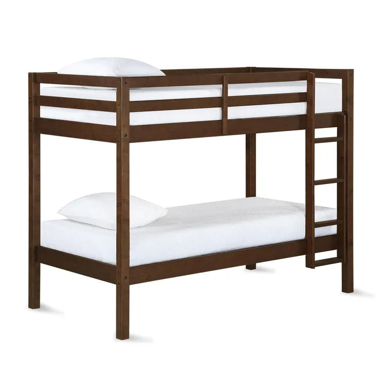 Twin Over Twin Modern Wooden Bunk Bed with Built-In Ladder and Guardrail -