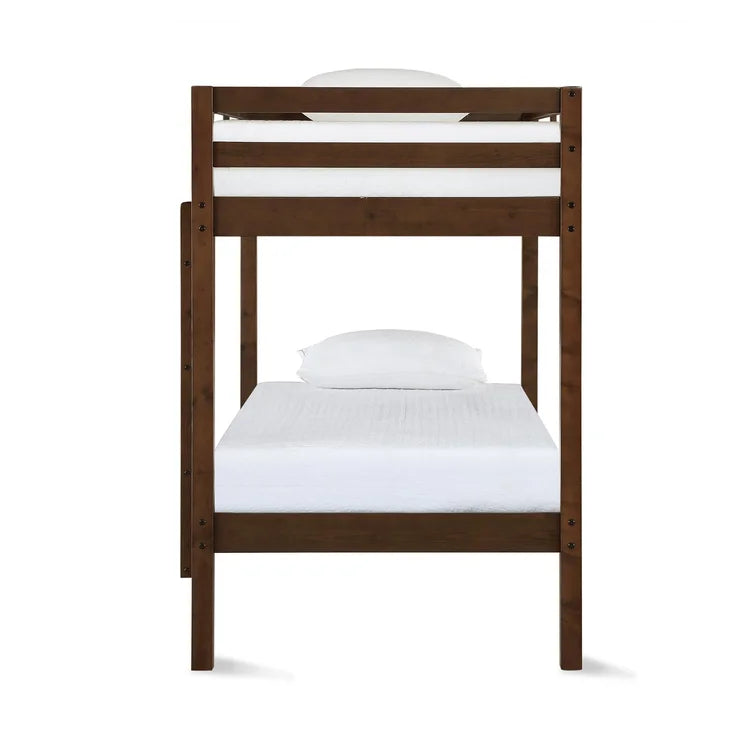 Twin Over Twin Modern Wooden Bunk Bed with Built-In Ladder and Guardrail -