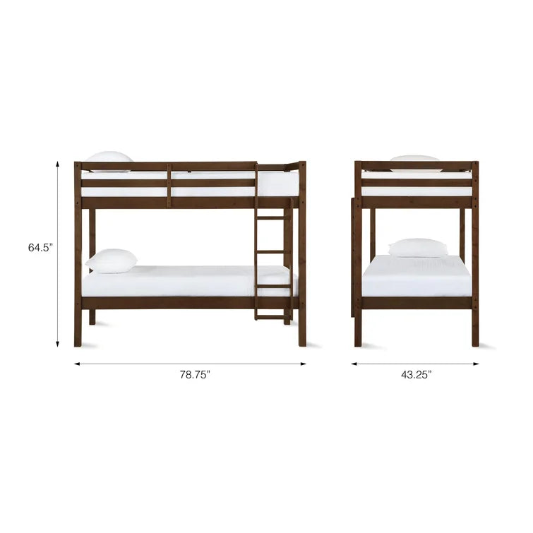 Twin Over Twin Modern Wooden Bunk Bed with Built-In Ladder and Guardrail -