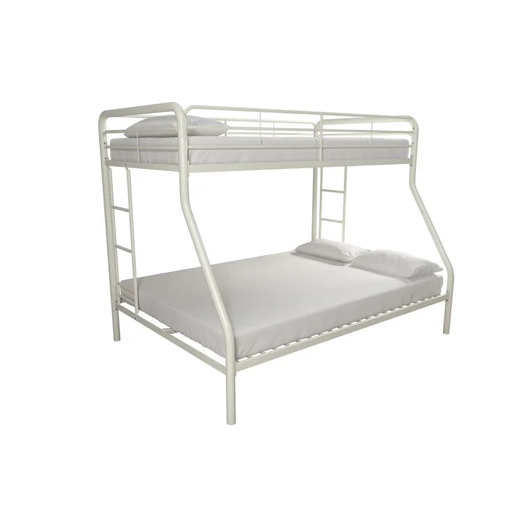 Twin over Full Bunk Bed, Bunk Bed Frame with Two-Side Ladders, Full Length Guardrail, White Steel Platform Bed Frame -