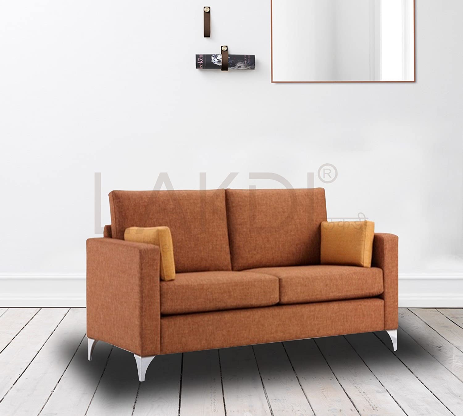 Two Seater Fabric Sofa in Solid Wood With Metal Legs -