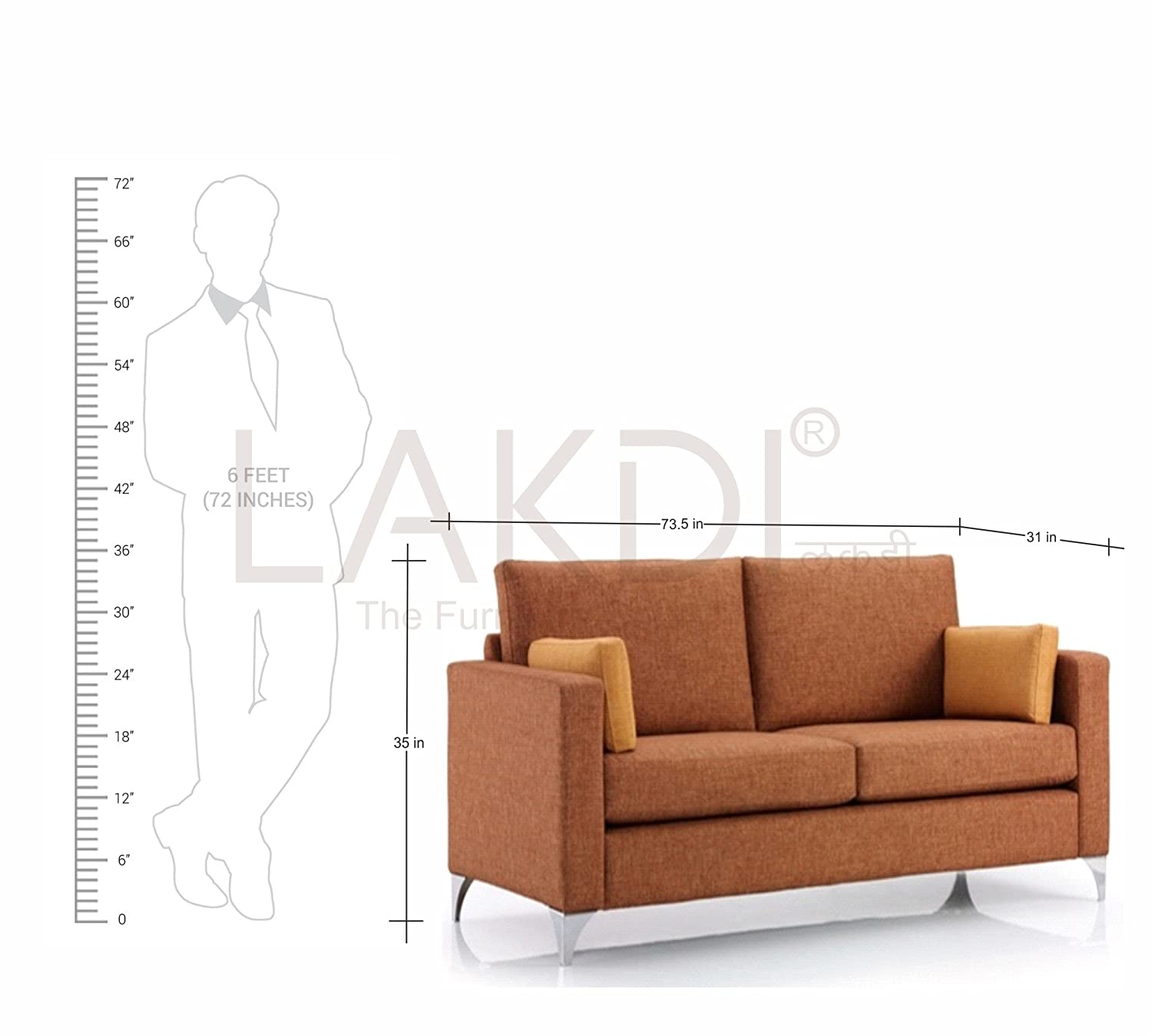 Two Seater Fabric Sofa in Solid Wood With Metal Legs -
