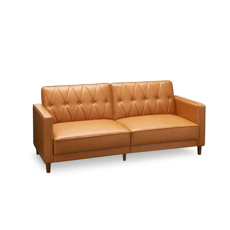 Two Seater Leather Sofa Cum Bed With Wooden Legs -