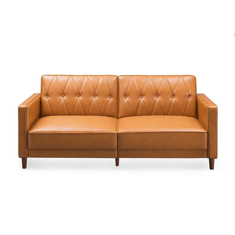 Two Seater Leather Sofa Cum Bed With Wooden Legs -